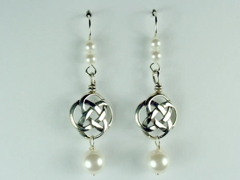 Sterling Silver Round Celtic Knot dangle earrings- glass "pearls" ,knots