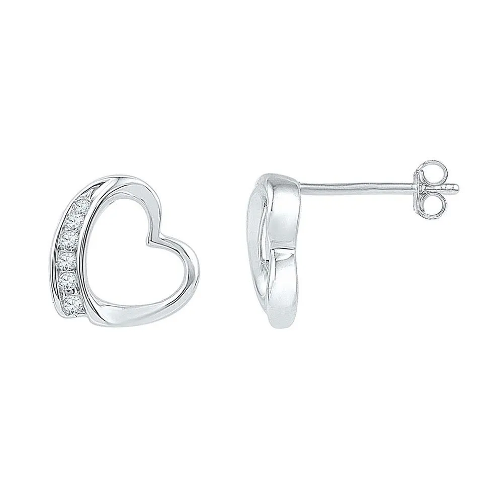 Sterling Silver Round Diamond Heart Stud Earrings 1/10 CTTW