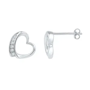 Sterling Silver Round Diamond Heart Stud Earrings 1/10 CTTW