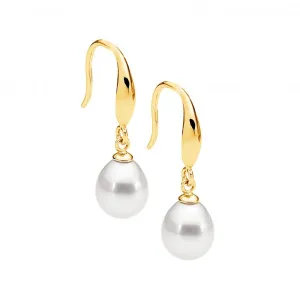 Sterling Silver Shepherds Hook Earrings w/ Freshwater Pearl Drop & Gold Plating E463G