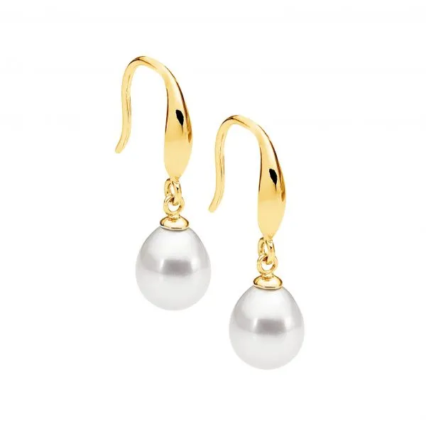 Sterling Silver Shepherds Hook Earrings w/ Freshwater Pearl Drop & Gold Plating E463G