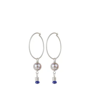 Sterling Silver Simple Hoop Earrings with Akoya Pearls and Blue Sapphire Beads