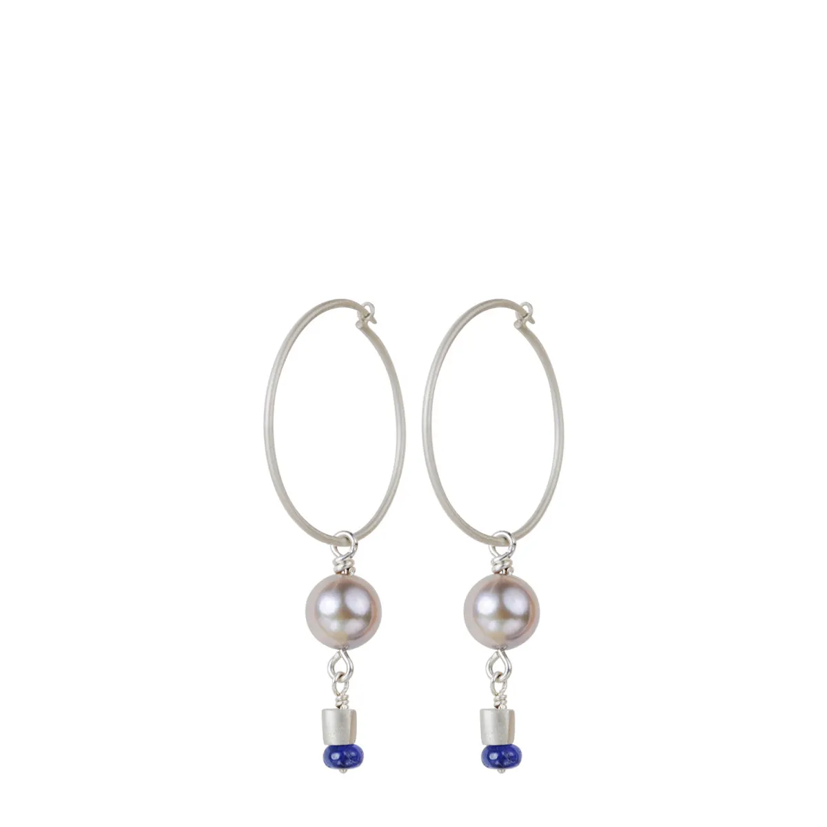 Sterling Silver Simple Hoop Earrings with Akoya Pearls and Blue Sapphire Beads