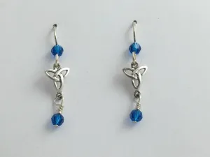 Sterling silver small Celtic Trinity knot dangle earrings- capri blue crystal