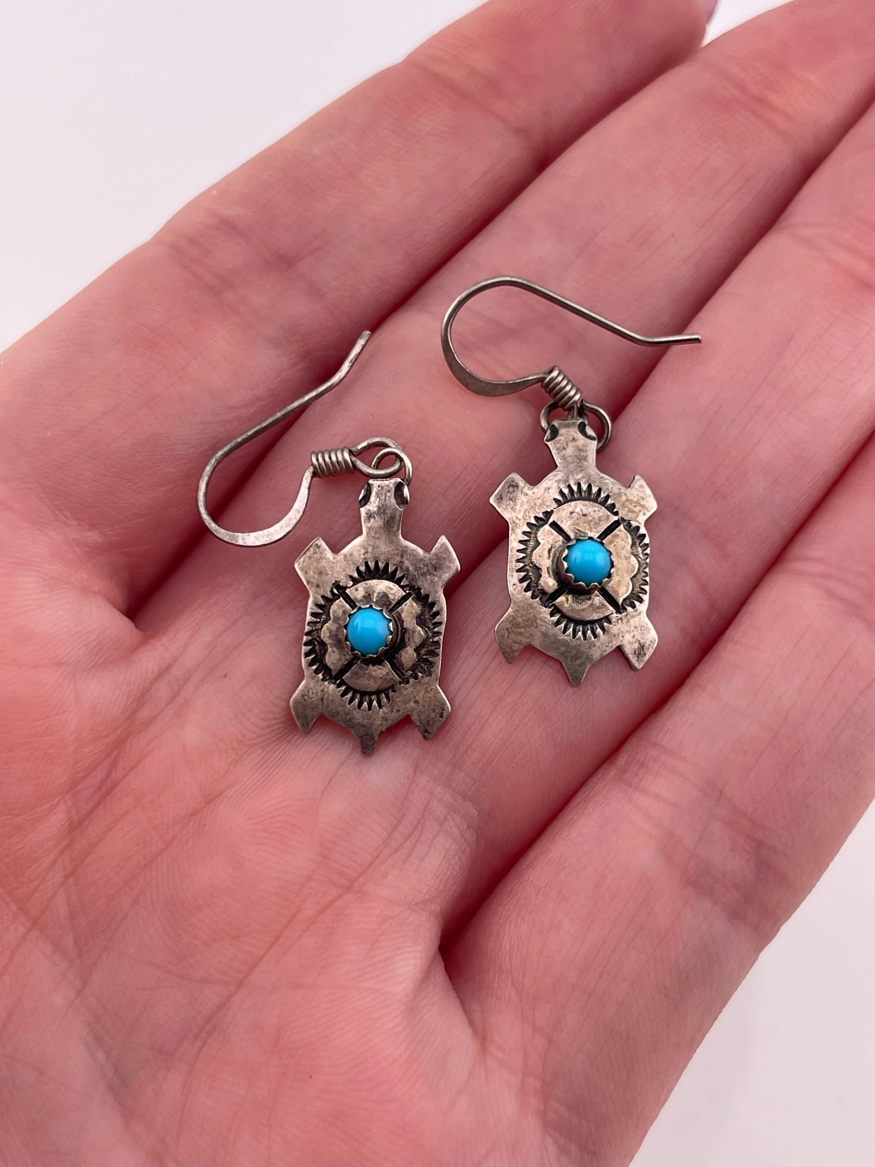 sterling silver synthetic turquoise turtle hook dangle earrings *non-sterling hooks*