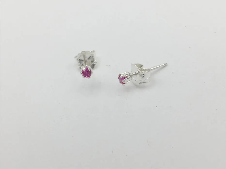Sterling silver tiny 2mm synthetic ruby stud earrings-studs, lab grown rubies