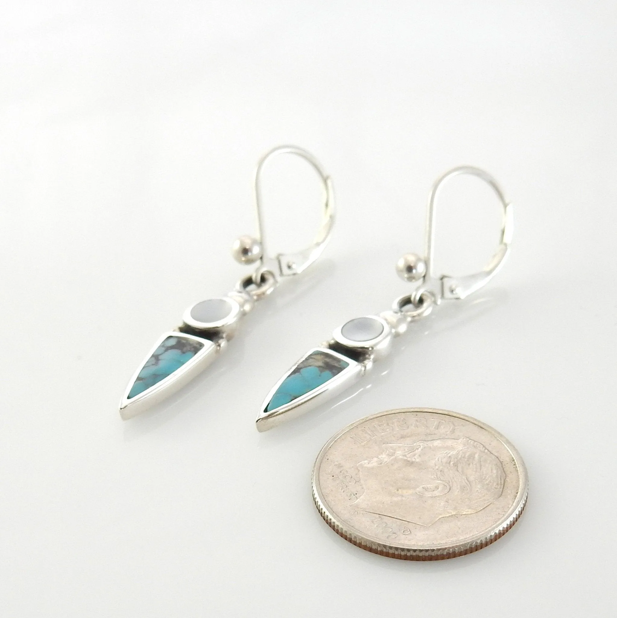 Sterling Silver Turquoise Mother of Pearl Inlay Dangle Earrings