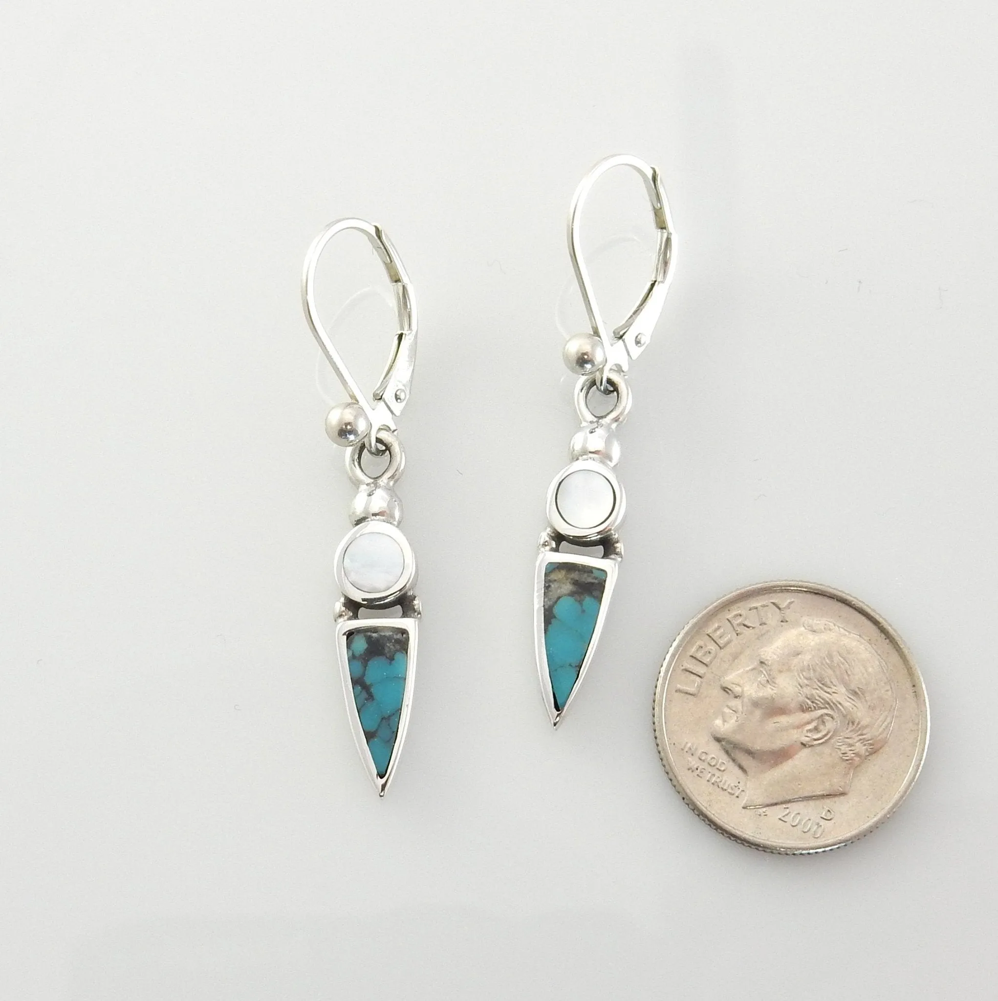 Sterling Silver Turquoise Mother of Pearl Inlay Dangle Earrings