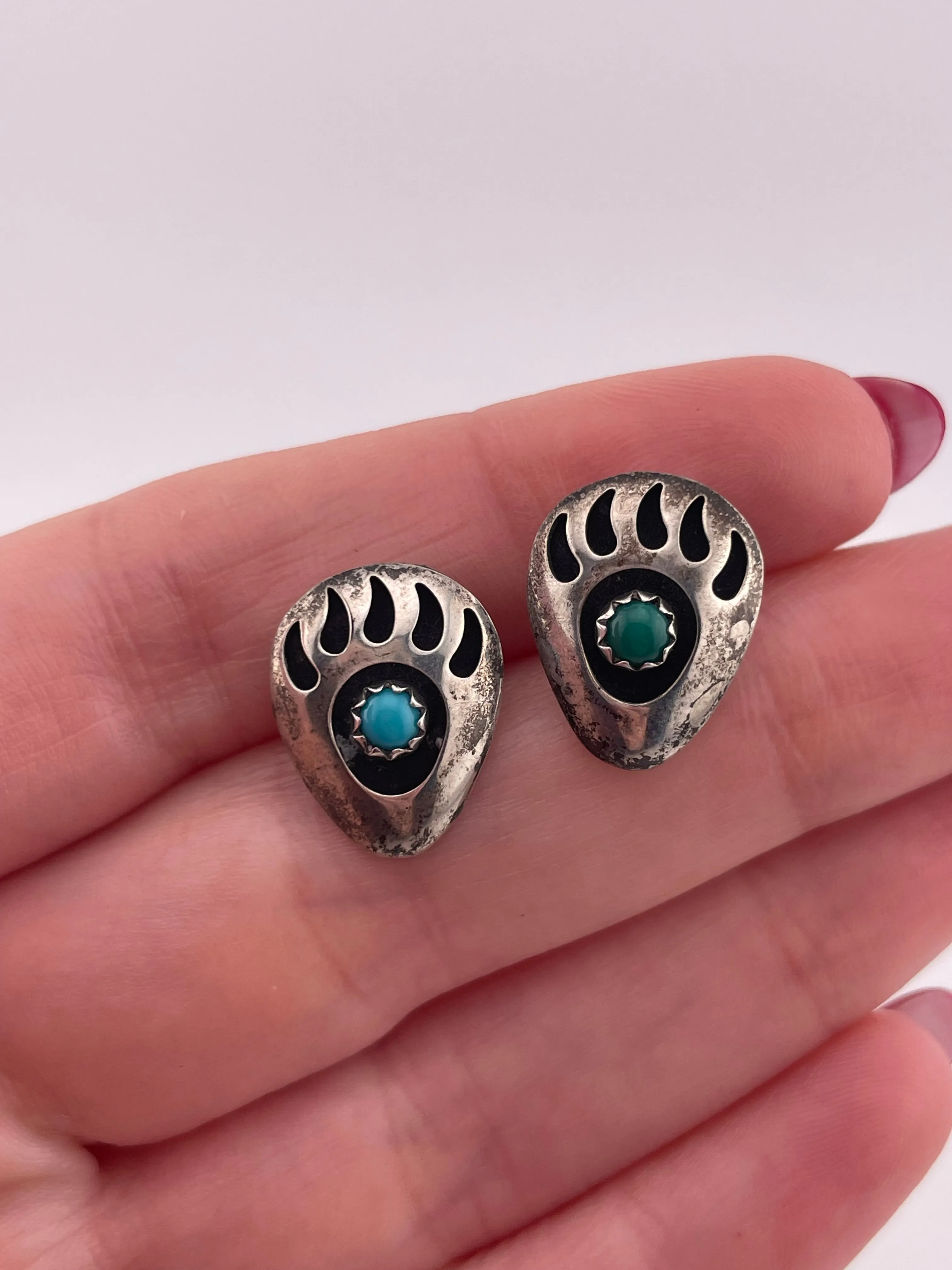 sterling silver two-tone turquoise bear paw post earrings