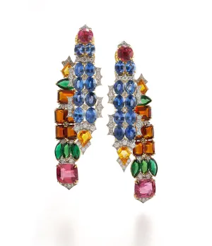 Streamer Earrings, Rubellite, Sapphire, Tourmaline, Citrine