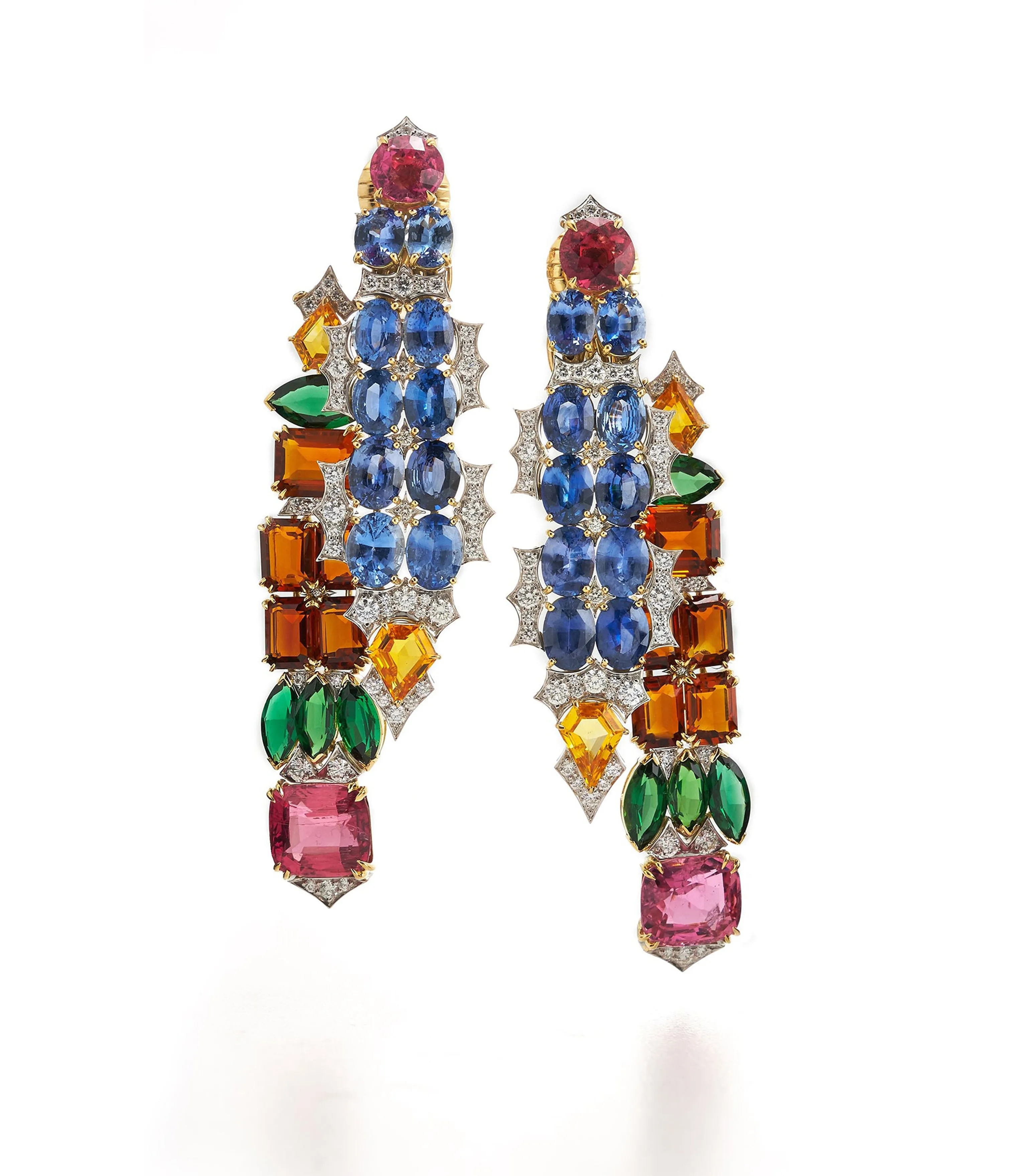 Streamer Earrings, Rubellite, Sapphire, Tourmaline, Citrine