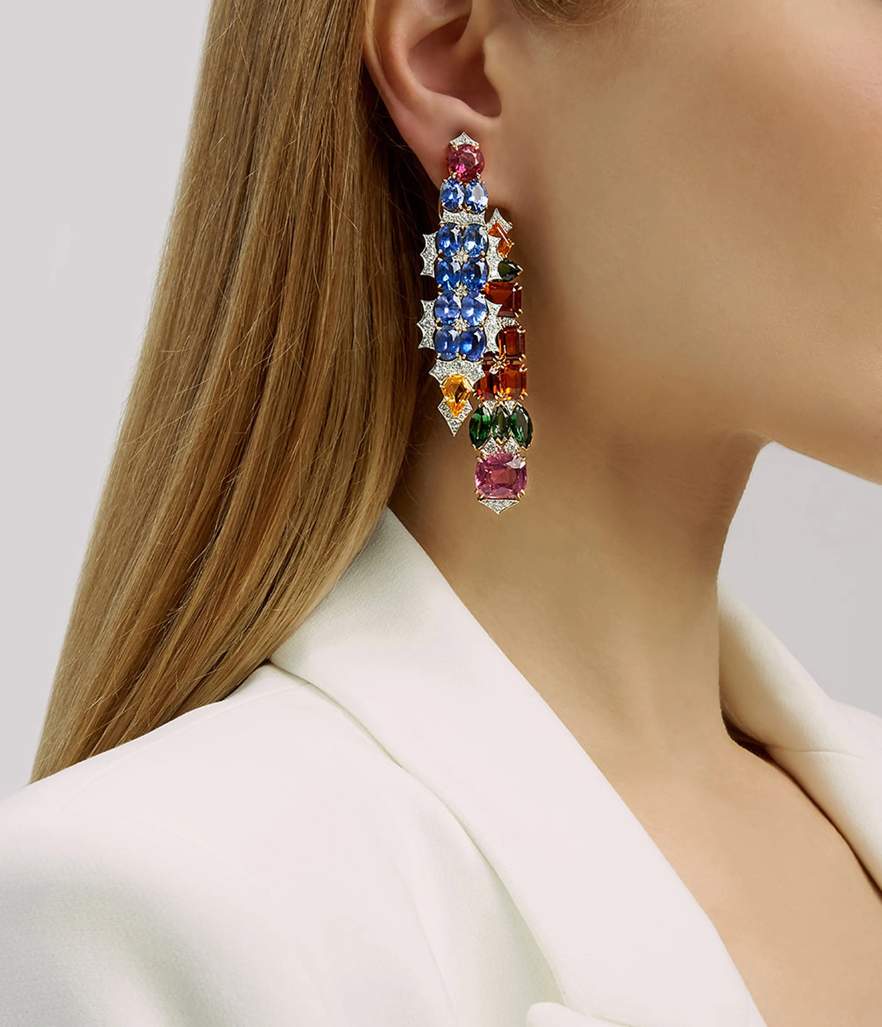 Streamer Earrings, Rubellite, Sapphire, Tourmaline, Citrine
