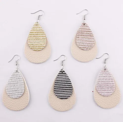 Striped Leather Glitter Hang Earrings Pink