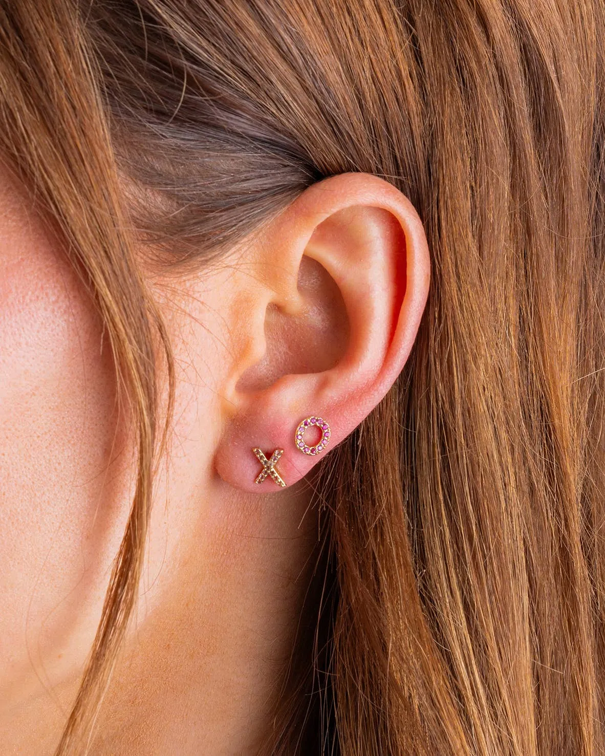 Stud Earrings - X & O w/ Pink   Ruby Red Gems - Matilda