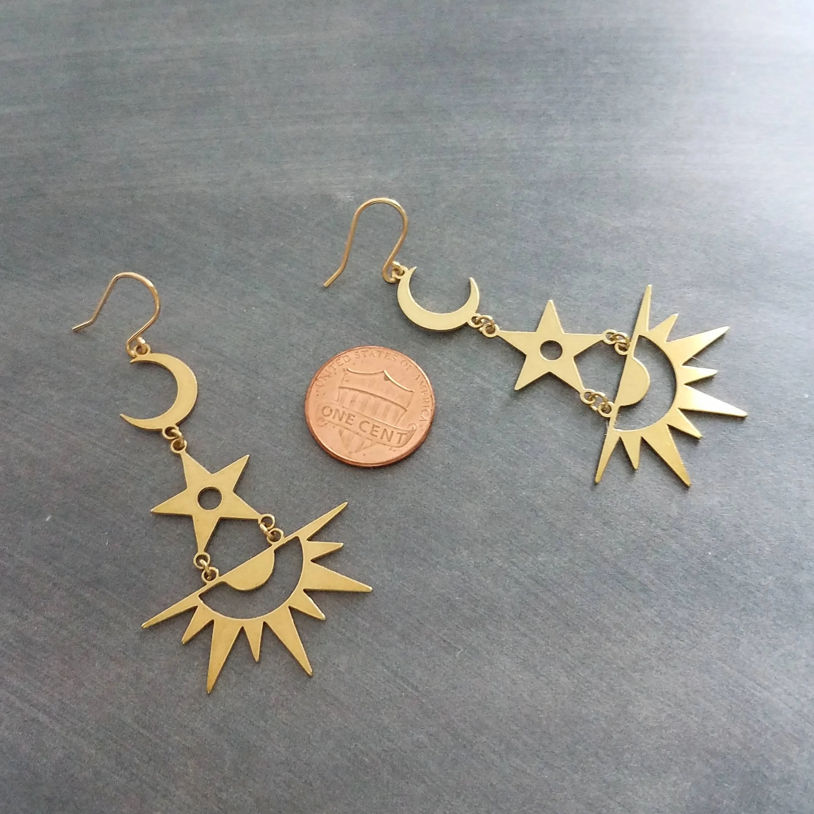 Sun Stars Moon Earrings, sun earrings, sky earrings, sunshine earrings, gold crescent moon earrings, gold sun earrings, celestial earrings, long gold dangles, gold spike earrings, spiky gold earrings
