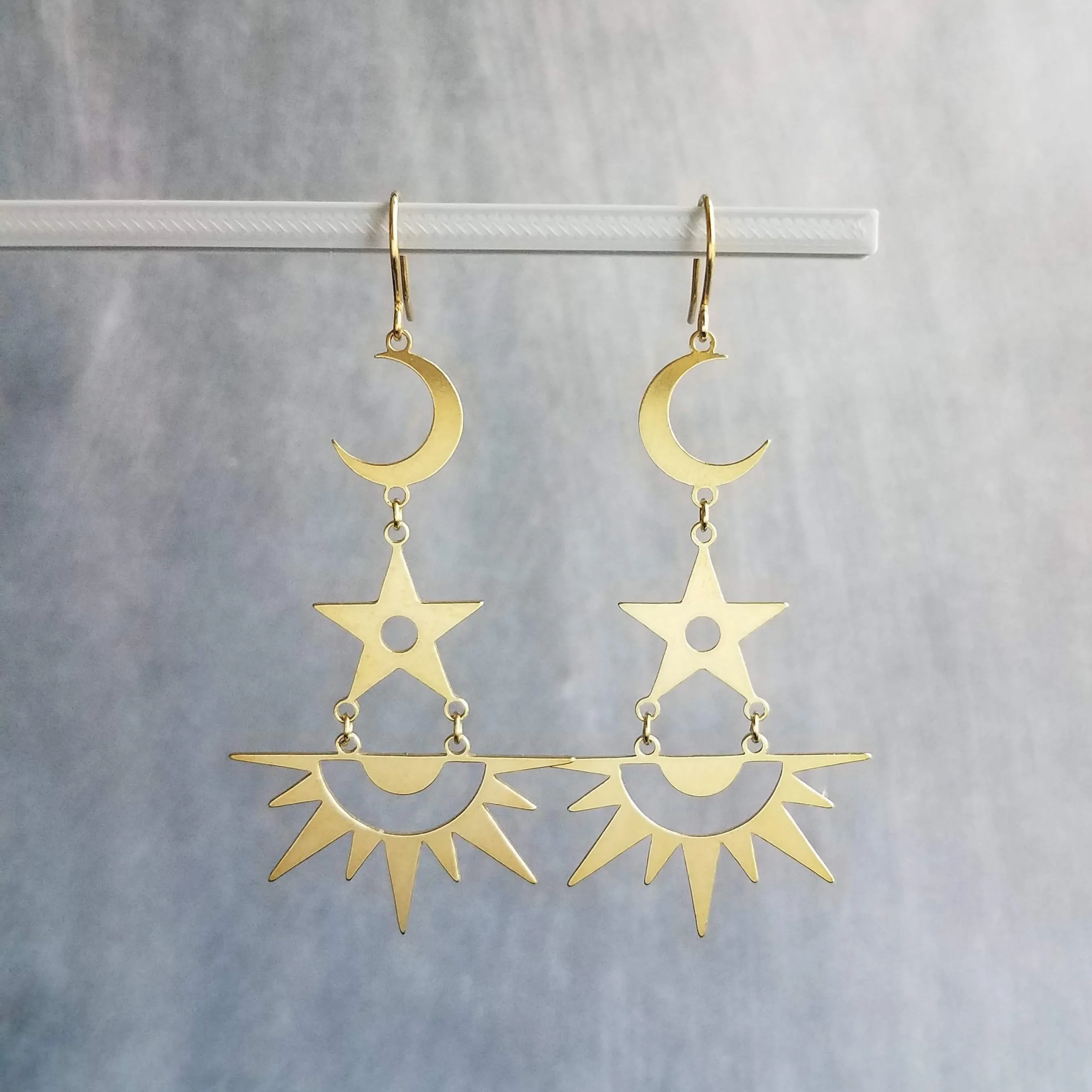 Sun Stars Moon Earrings, sun earrings, sky earrings, sunshine earrings, gold crescent moon earrings, gold sun earrings, celestial earrings, long gold dangles, gold spike earrings, spiky gold earrings