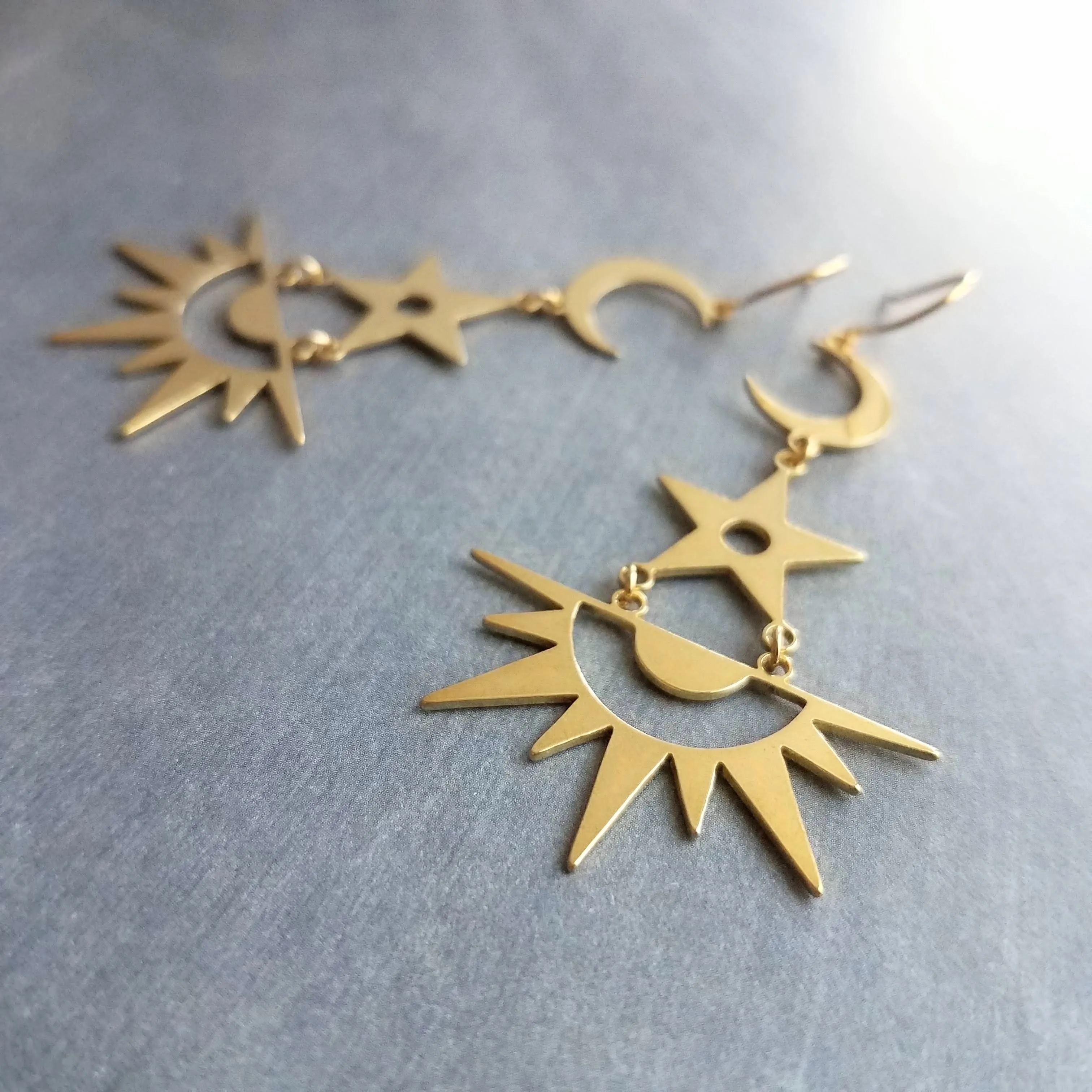 Sun Stars Moon Earrings, sun earrings, sky earrings, sunshine earrings, gold crescent moon earrings, gold sun earrings, celestial earrings, long gold dangles, gold spike earrings, spiky gold earrings
