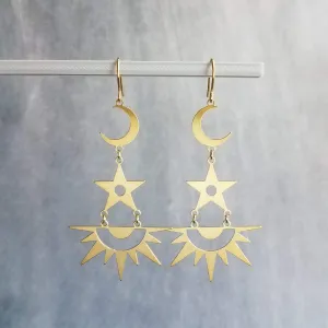 Sun Stars Moon Earrings, sun earrings, sky earrings, sunshine earrings, gold crescent moon earrings, gold sun earrings, celestial earrings, long gold dangles, gold spike earrings, spiky gold earrings