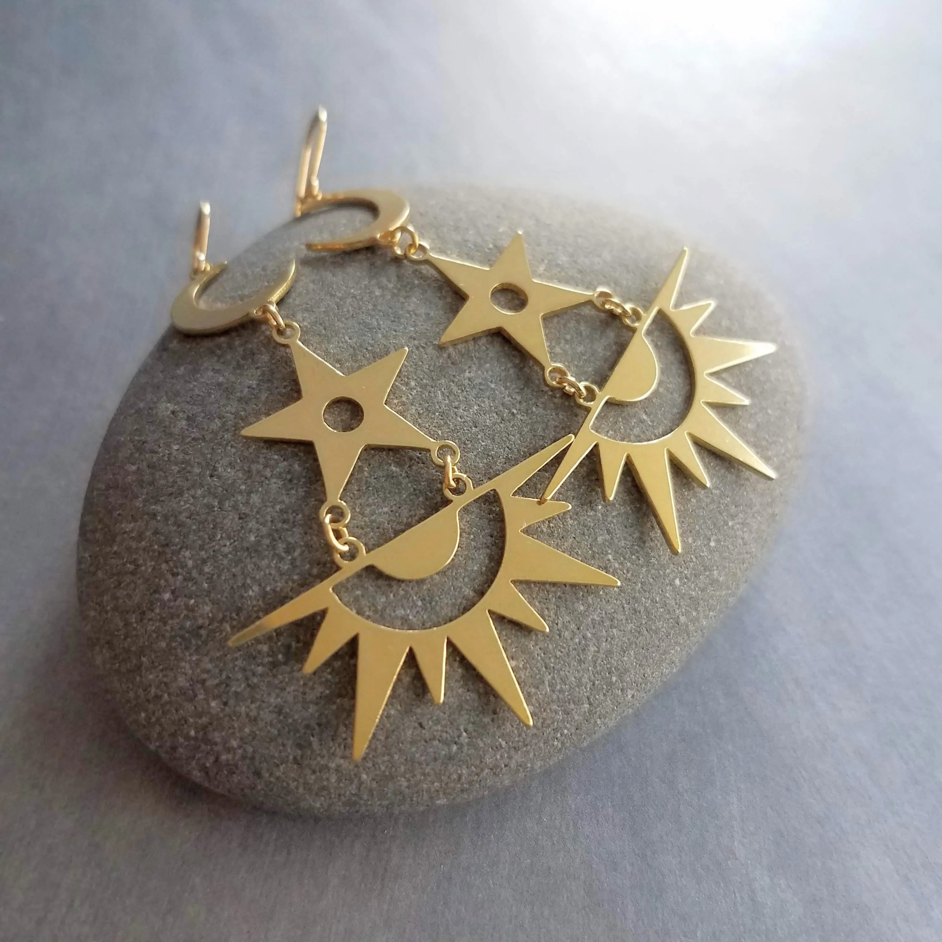 Sun Stars Moon Earrings, sun earrings, sky earrings, sunshine earrings, gold crescent moon earrings, gold sun earrings, celestial earrings, long gold dangles, gold spike earrings, spiky gold earrings