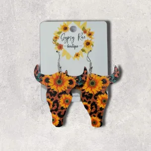 Sunflower Cow Skull Leather Earrings