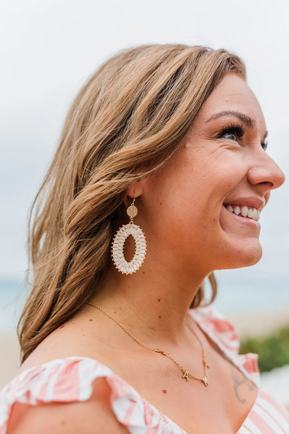 Sweetest Sunsets Gold Woven Dangle Earrings- Ivory