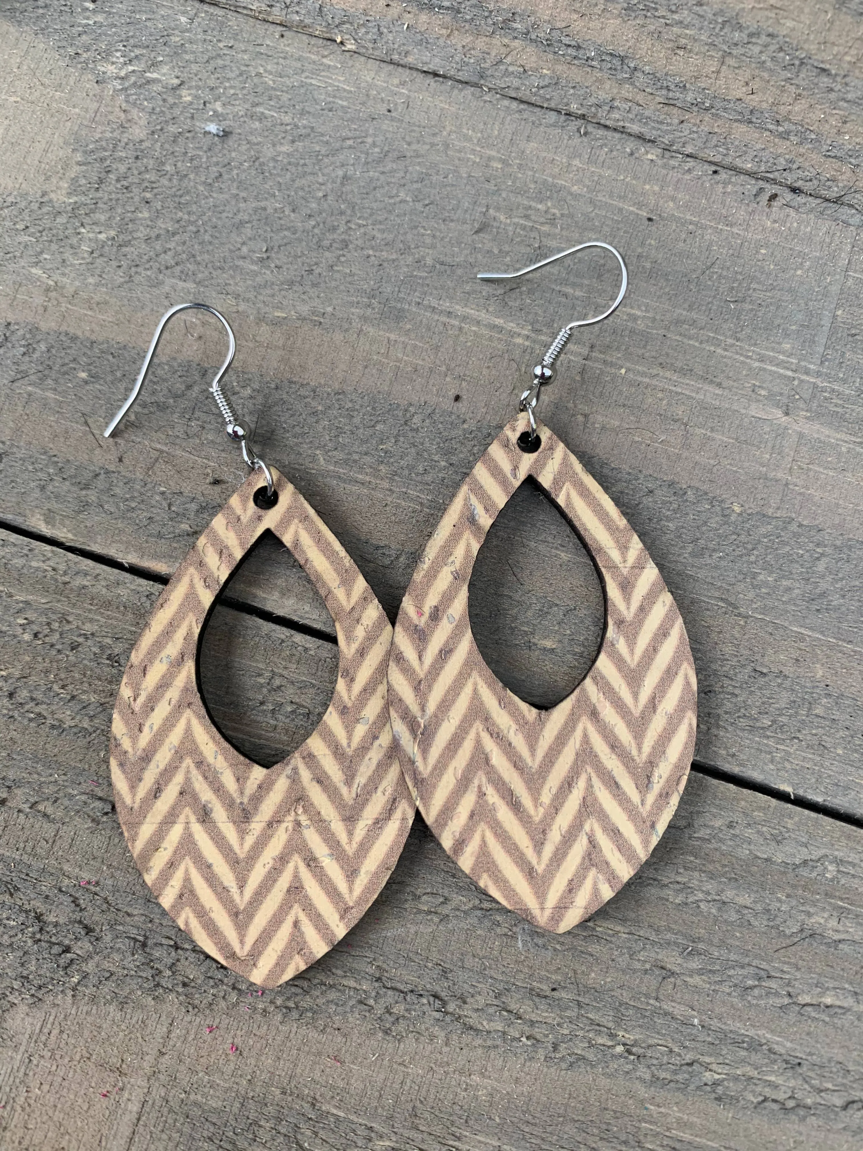 Tan Chevron Cork and Leather Teardrop Earrings