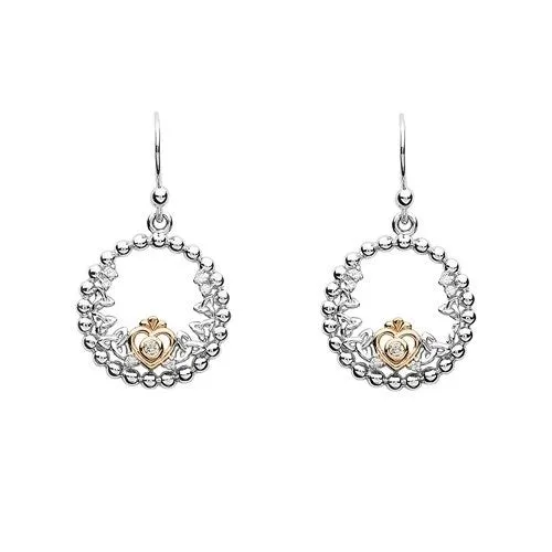 Tara's Diary Sterling Silver Trinity Princess CZ Earrings with Rose Gold Heart - TD237