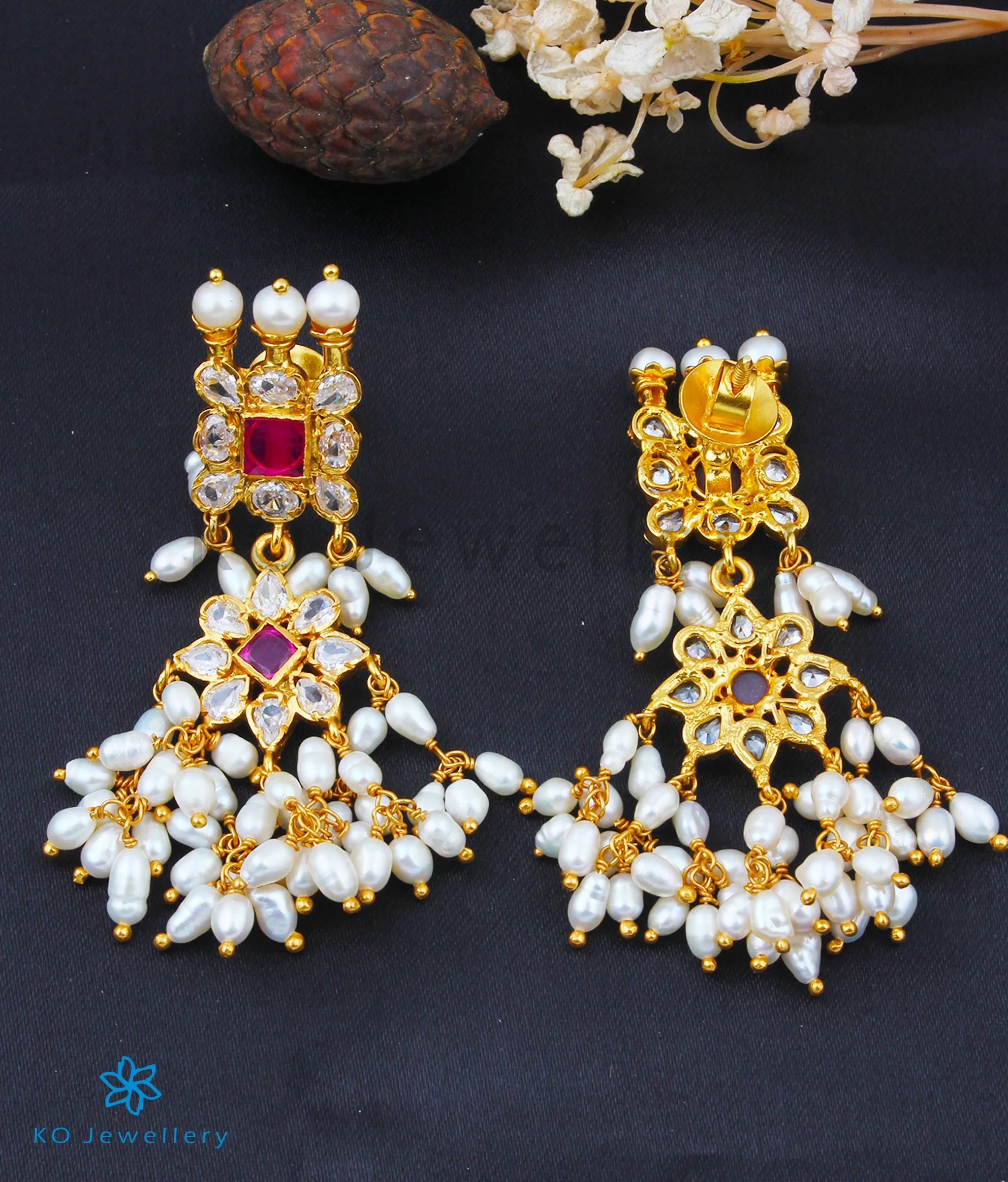 The Maya Silver Pearl Earrings (Red/White)
