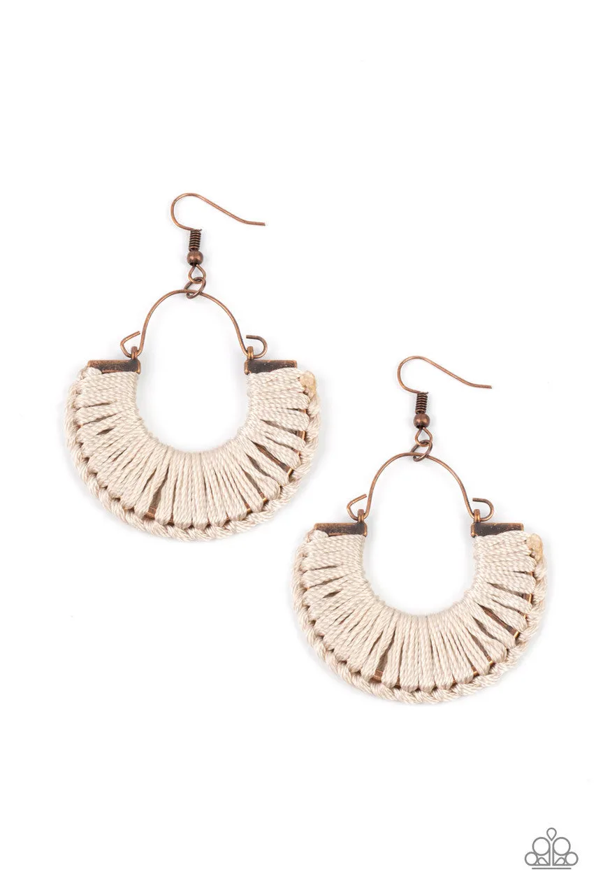 Threadbare Beauty - Copper - Wrapped Half Moon White Shiny Thread Paparazzi Fishhook Earrings