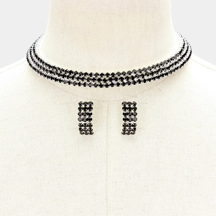 Three Row Black Crystal Choker and Earrings | 205475