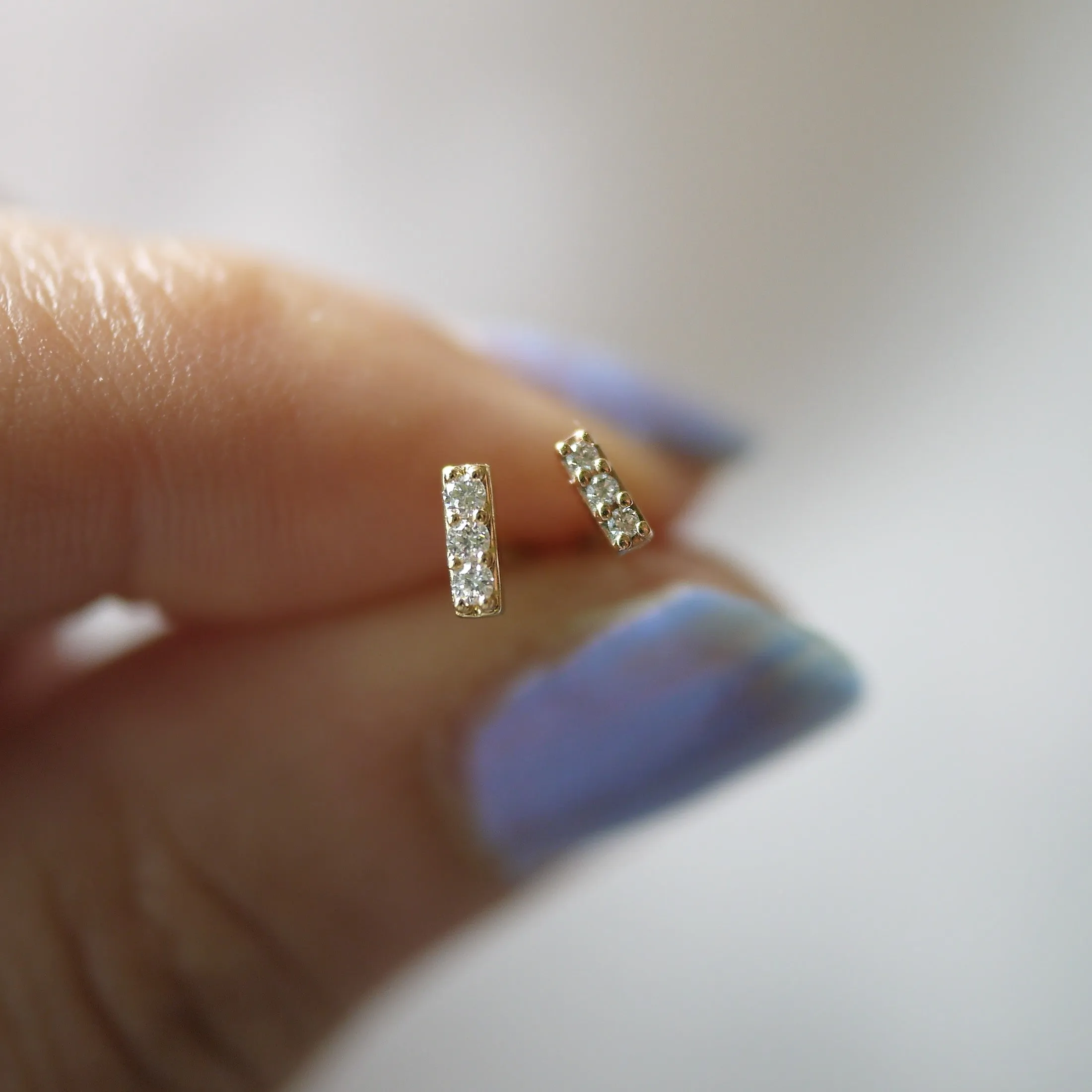 Three Row Diamond Bar Stud Earrings