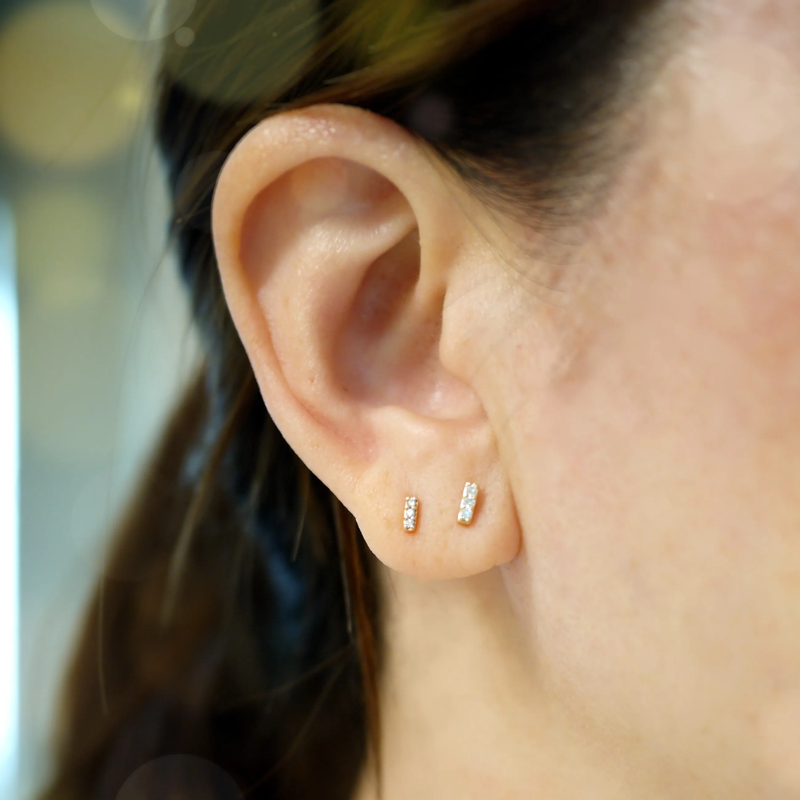 Three Row Diamond Bar Stud Earrings