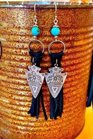 Thunderbird Western Leather Fringe Earrings - Black
