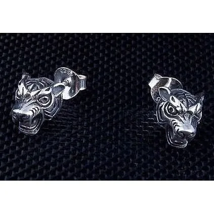 Tiger Head Sterling Silver Men's Stud Earrings