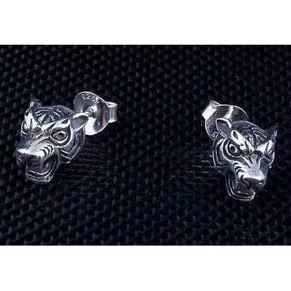 Tiger Head Sterling Silver Men's Stud Earrings