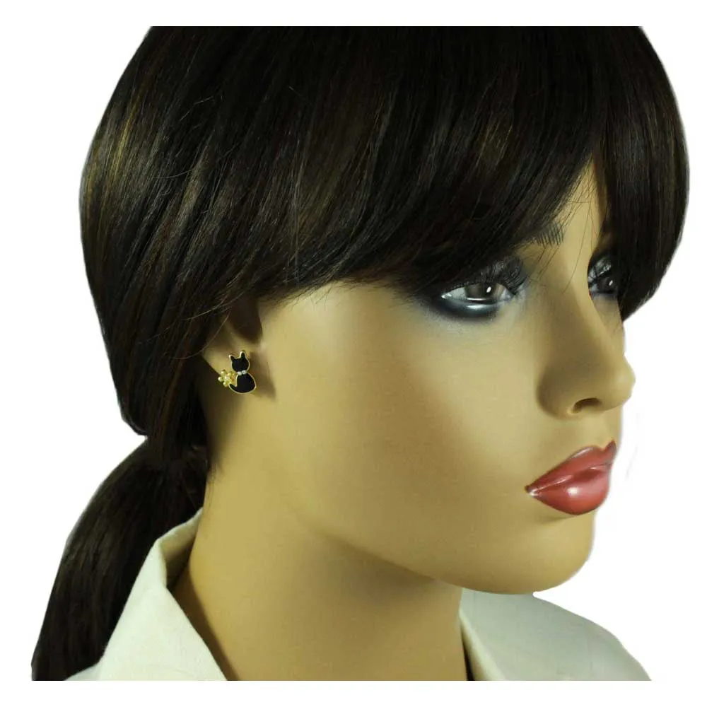 Tiny Black Enamel Cat with Pearl Flower Pierced Earring - REE206