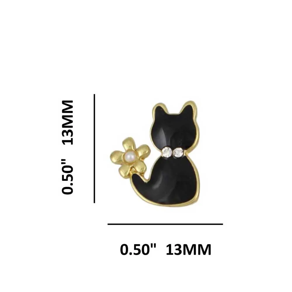 Tiny Black Enamel Cat with Pearl Flower Pierced Earring - REE206