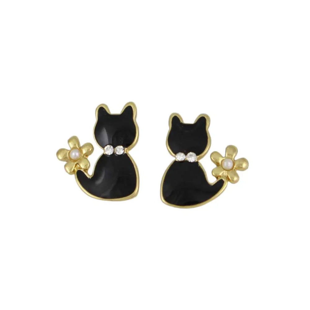 Tiny Black Enamel Cat with Pearl Flower Pierced Earring - REE206