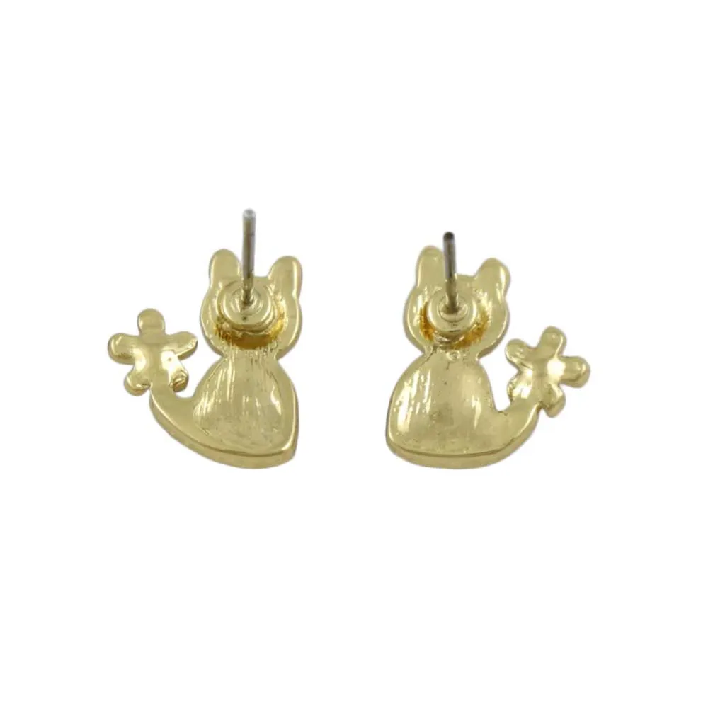 Tiny Black Enamel Cat with Pearl Flower Pierced Earring - REE206