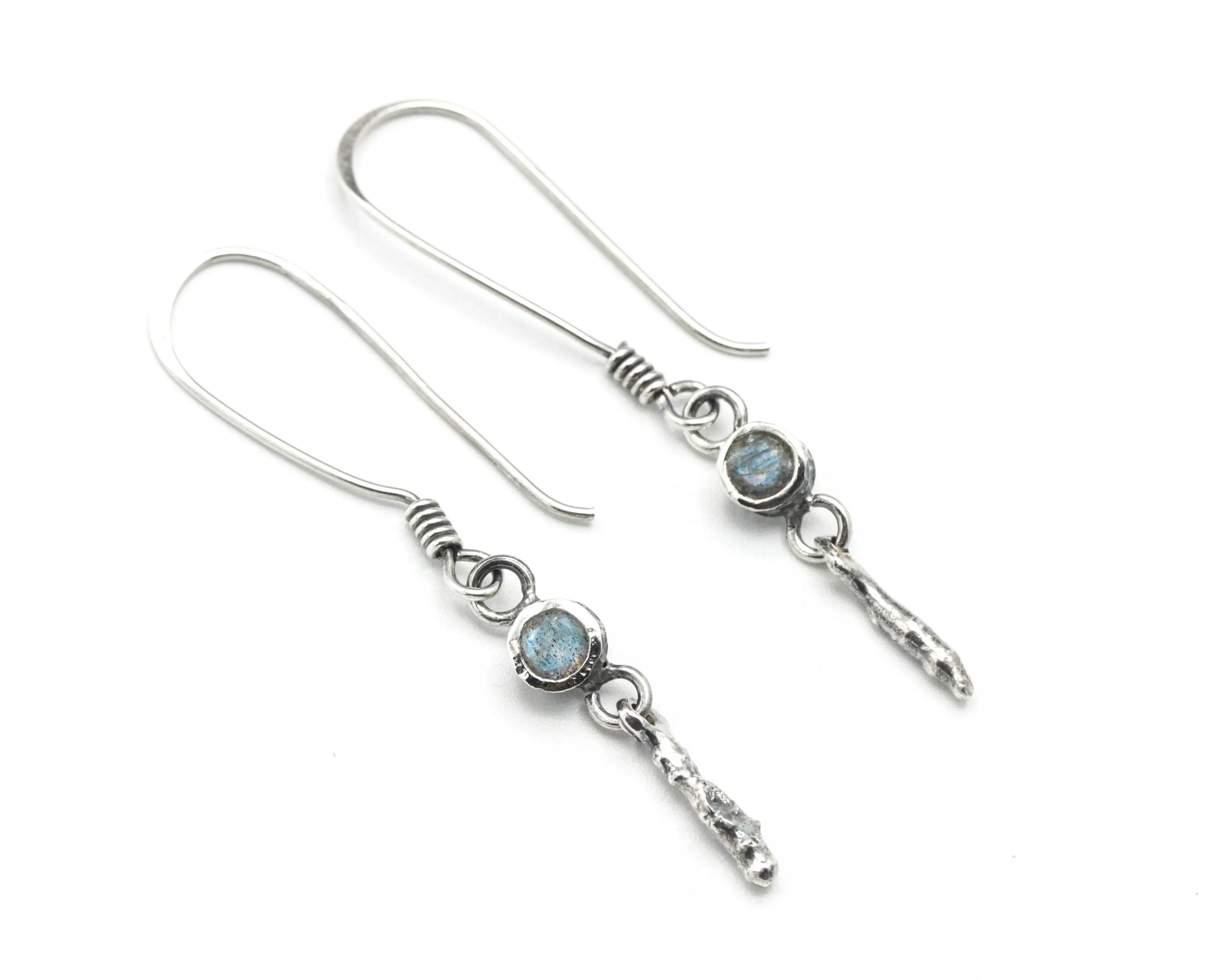 Tiny round faceted Labradorite earrings in silver bezel setting with silver sticks and hooks style on the top