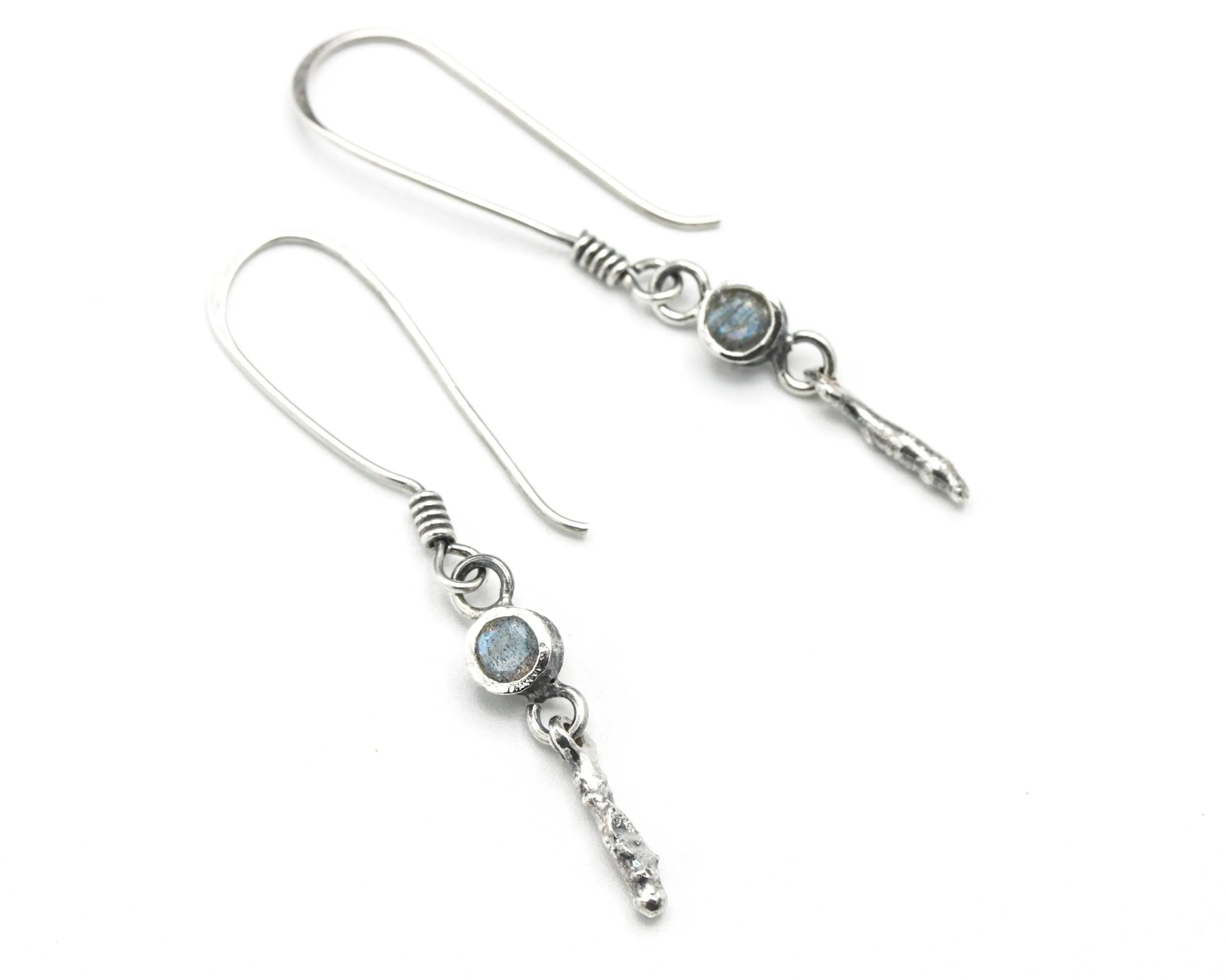 Tiny round faceted Labradorite earrings in silver bezel setting with silver sticks and hooks style on the top