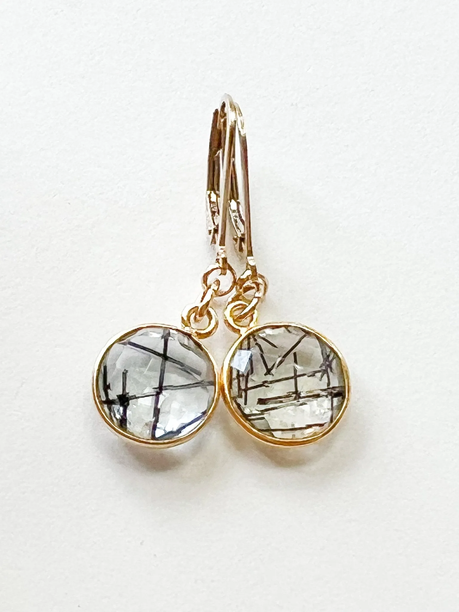 Tourmalated Quartz Round Drop Charm Gold Earrings by Sage Machado