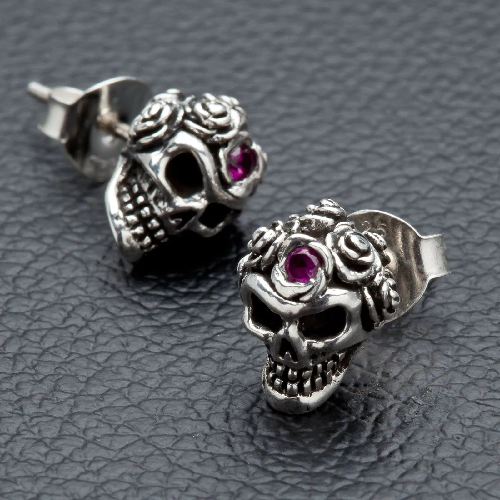 Tribal Rose Skull Sterling Silver Earrings