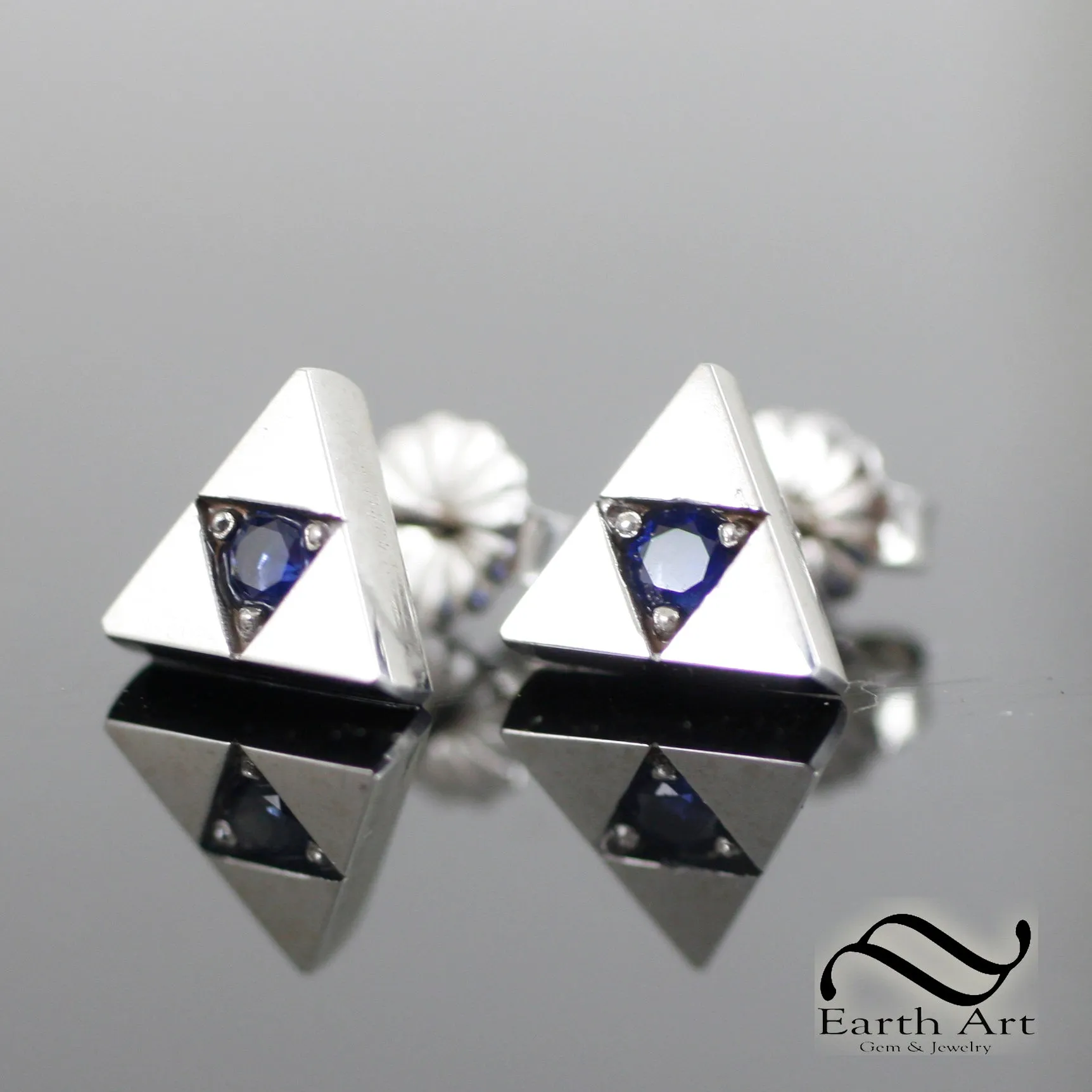 Triforce Earrings - With Blue Sapphire - 10k or 14k white or yellow gold