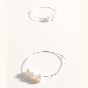 Trio Pearl Fine Wire Hoop Earrings (Silver)