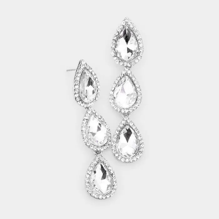 Triple Clear Crystal Teardrop Silver Earrings