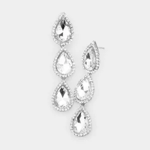 Triple Clear Crystal Teardrop Silver Earrings