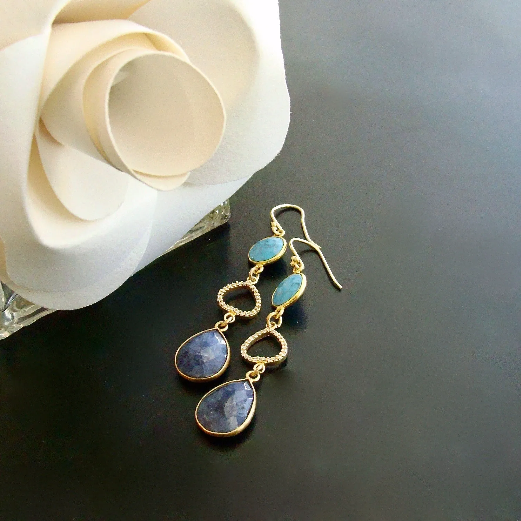 Turquoise Blue Sapphire Pave White Topaz Duster Earrings - Angie Earrings
