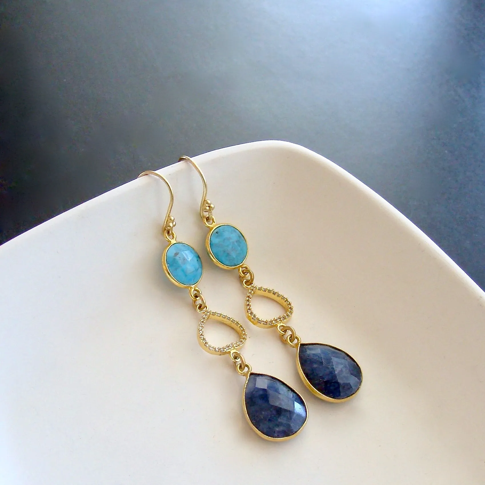 Turquoise Blue Sapphire Pave White Topaz Duster Earrings - Angie Earrings