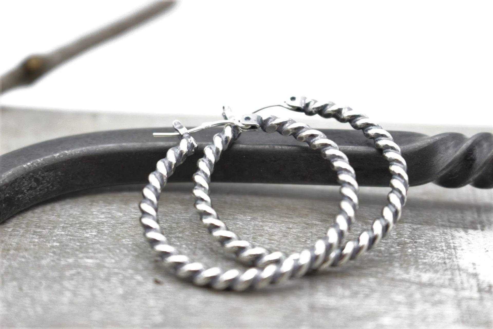 Twisted Hoop Earrings - Sterling silver rustic hoop earrings - one inch hoops - gift for her - boho - hoop earrings